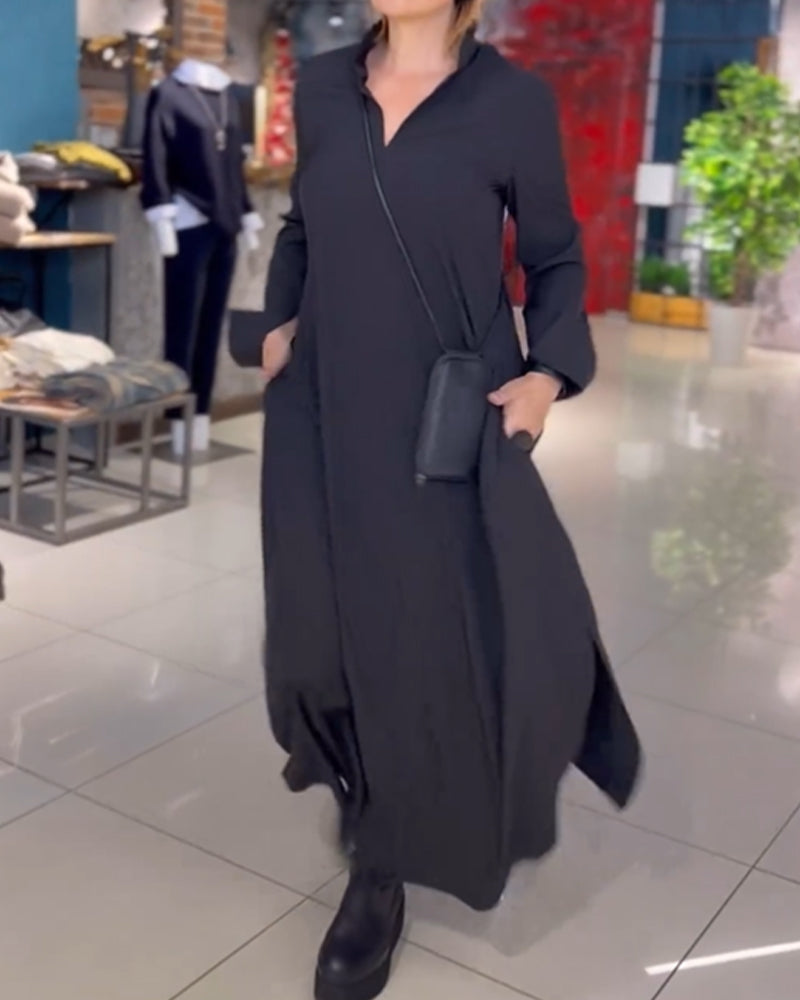 Women's winter loose maxi dress with side slit, V-neck collar, casual elegant flowing silhouette
