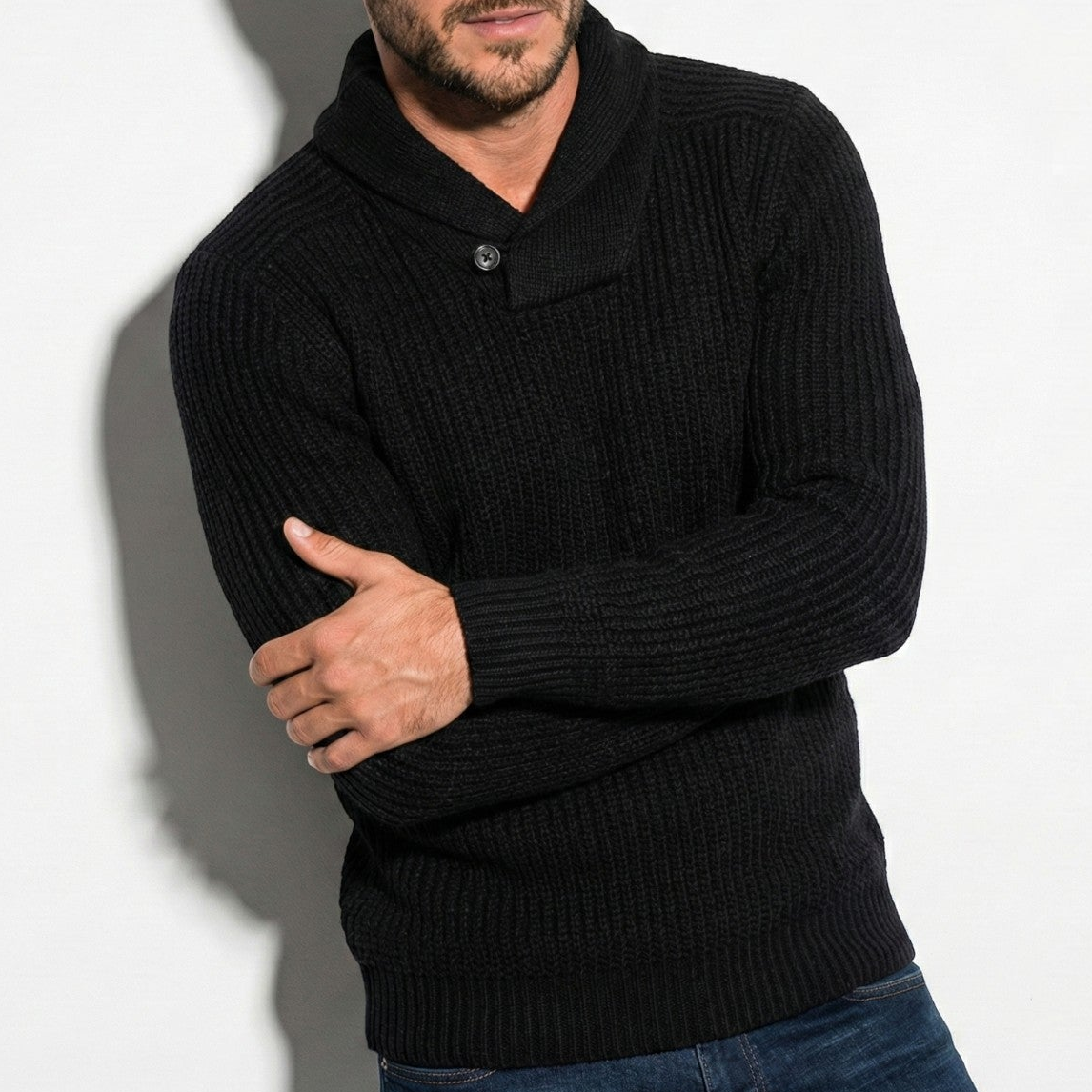 Men's ribbed knit sweater with shawl collar, loose urban fit with dropped shoulders