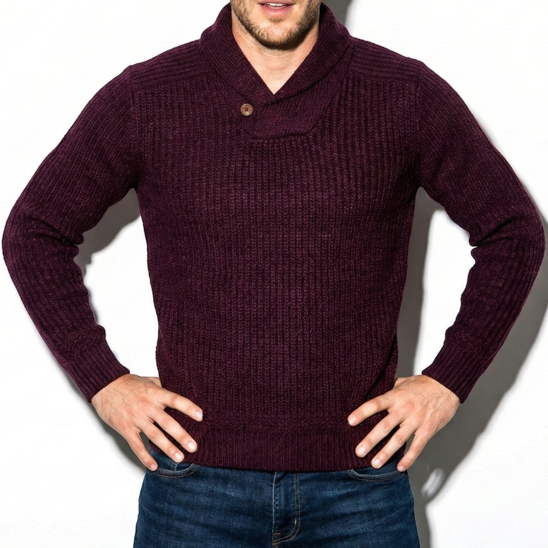 Men's ribbed knit sweater with shawl collar, loose urban fit with dropped shoulders
