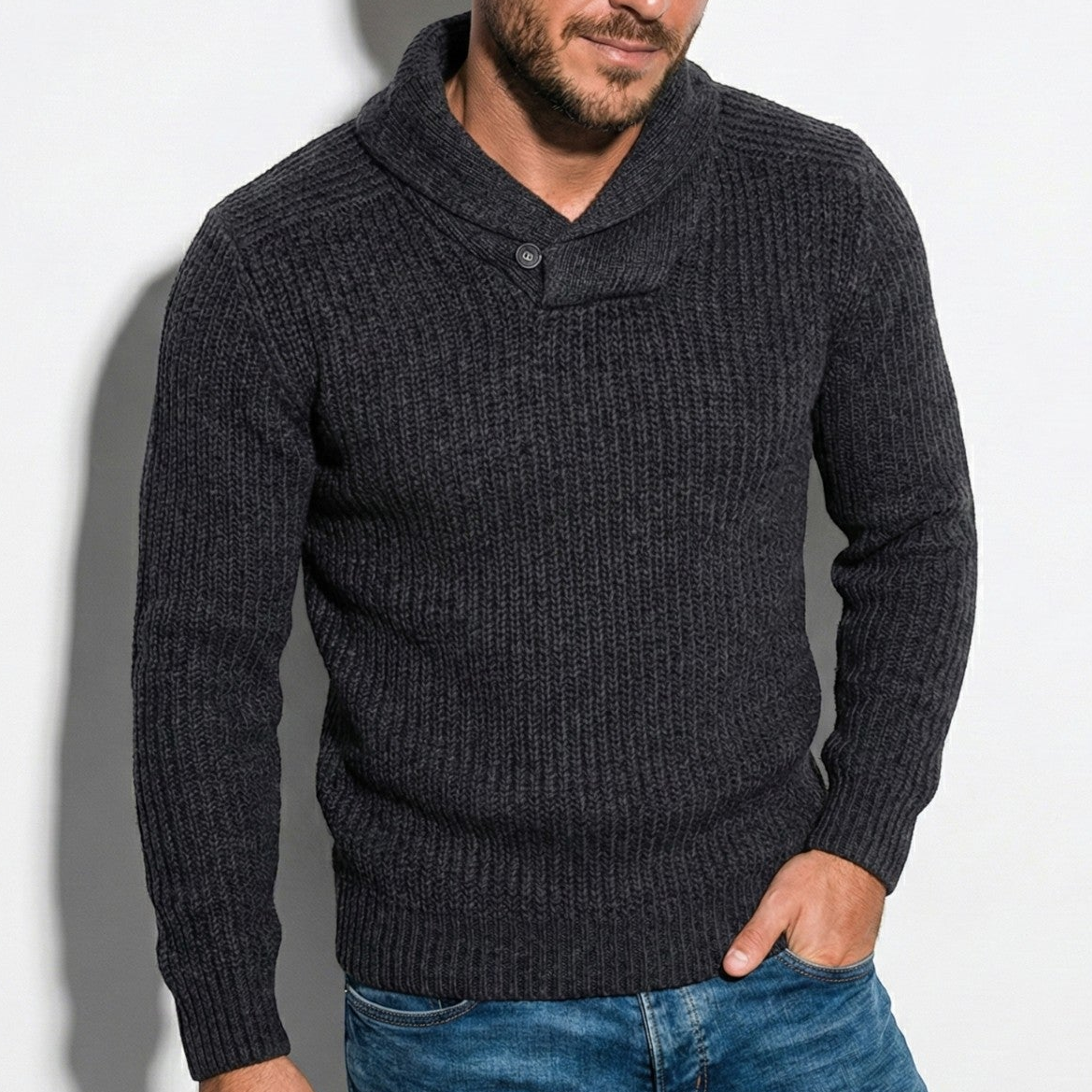 Men's ribbed knit sweater with shawl collar, loose urban fit with dropped shoulders