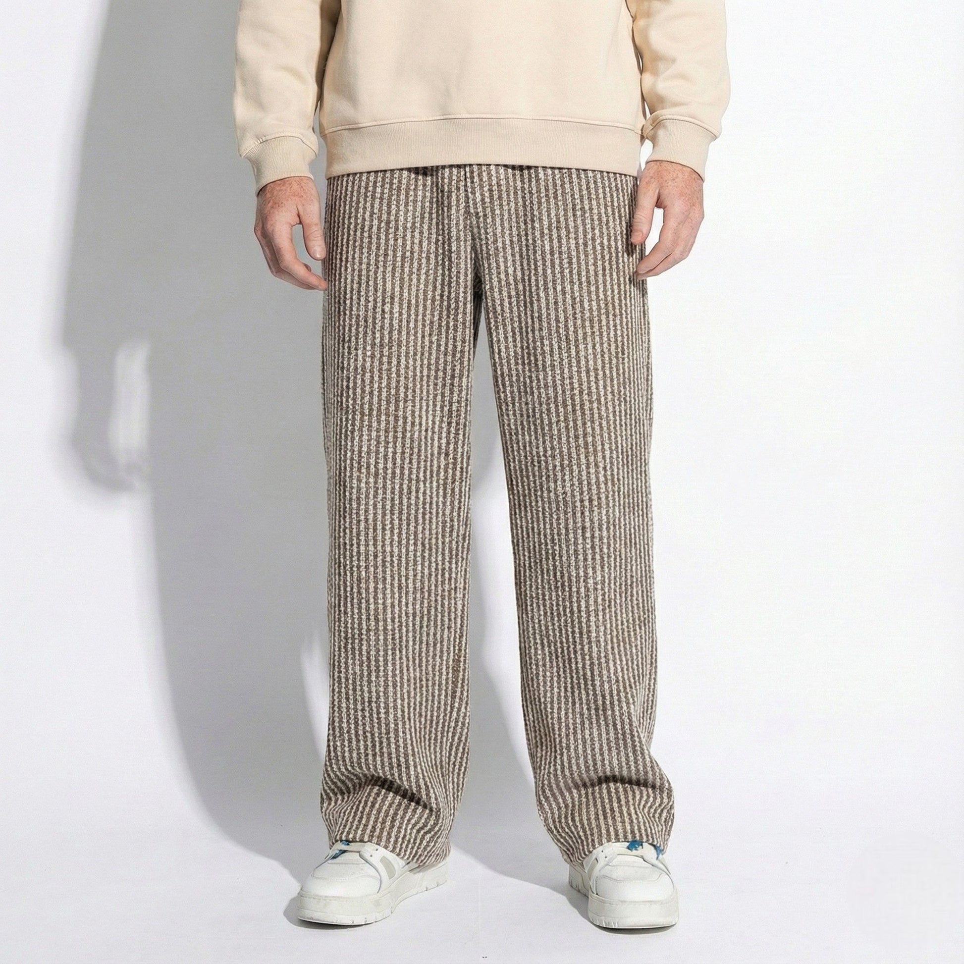 Men's wide-leg striped trousers with drawstring waist, casual urban fit in neutral tones