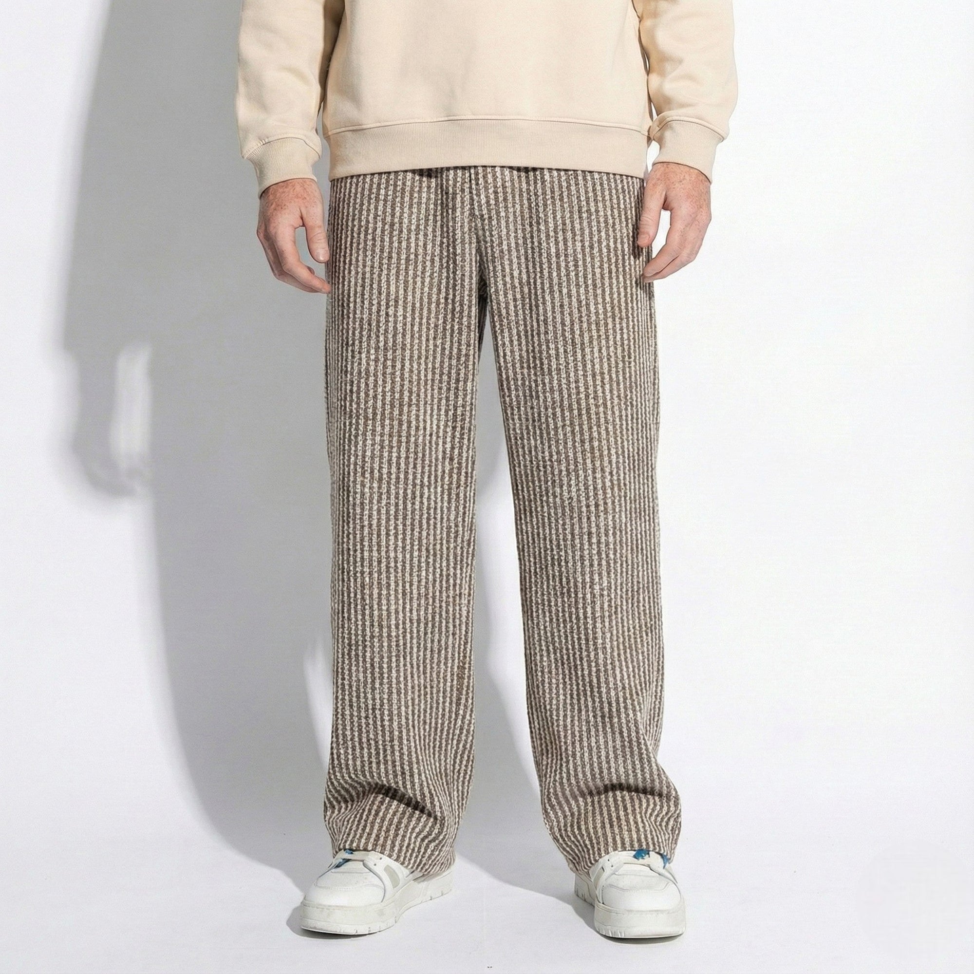 Men's wide-leg striped trousers with drawstring waist, casual urban fit in neutral tones