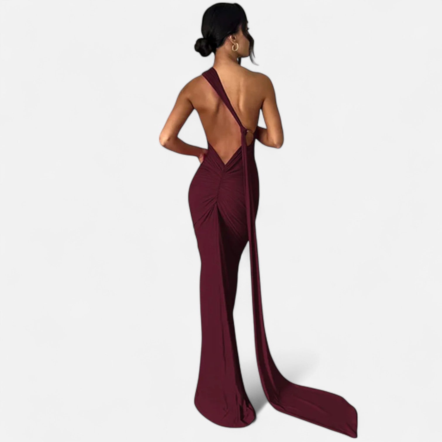 Black scarf-tier evening maxi dress with figure-flattering fit and elegant draped detail