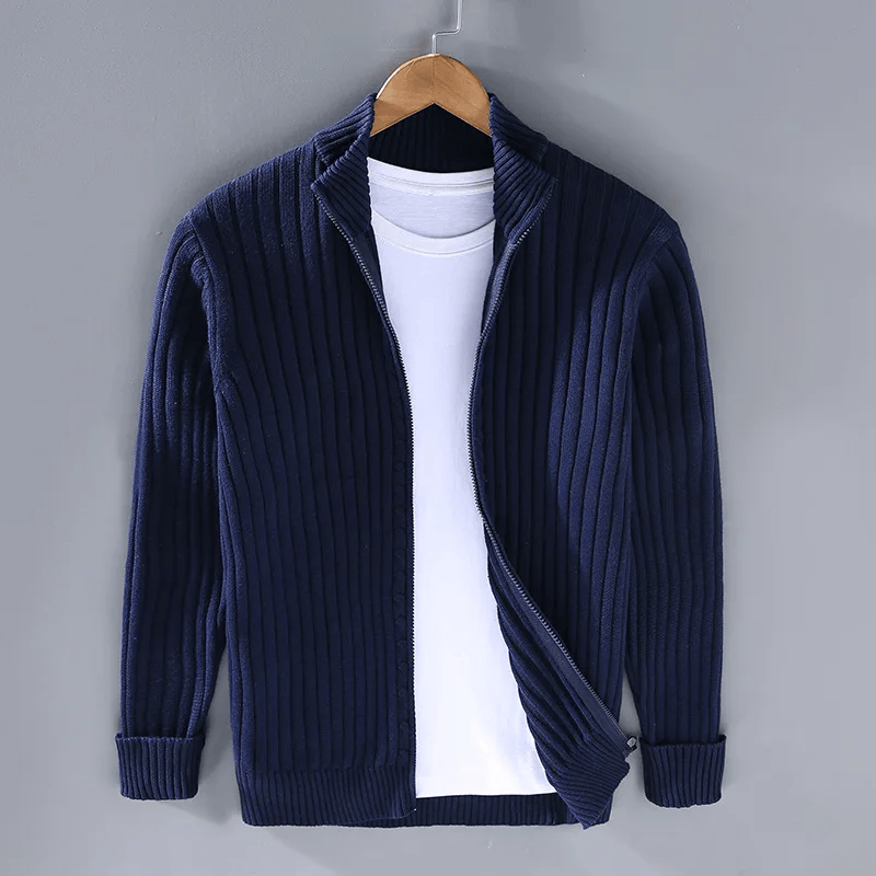 Men's ribbed knit cardigan full zip classic fit versatile layering everyday casual style
