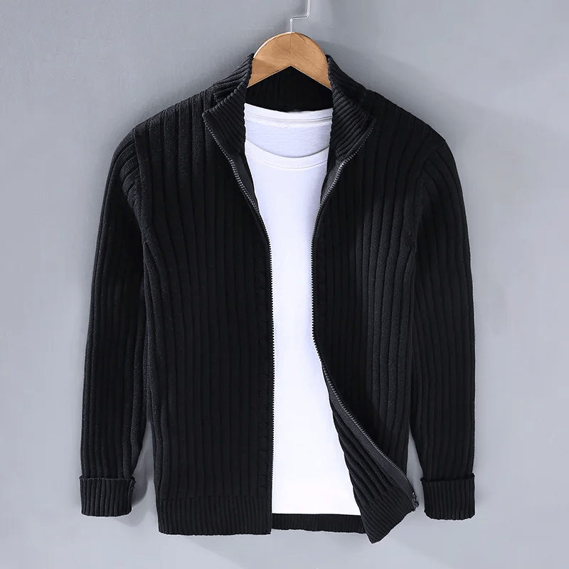 Men's ribbed knit cardigan full-zip classic fit versatile layering essential for everyday wear