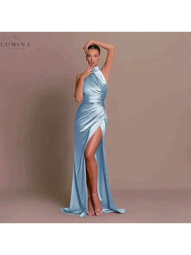Cleo sleek black formal gown with elegant form-flattering fit and sophisticated thigh-high slit