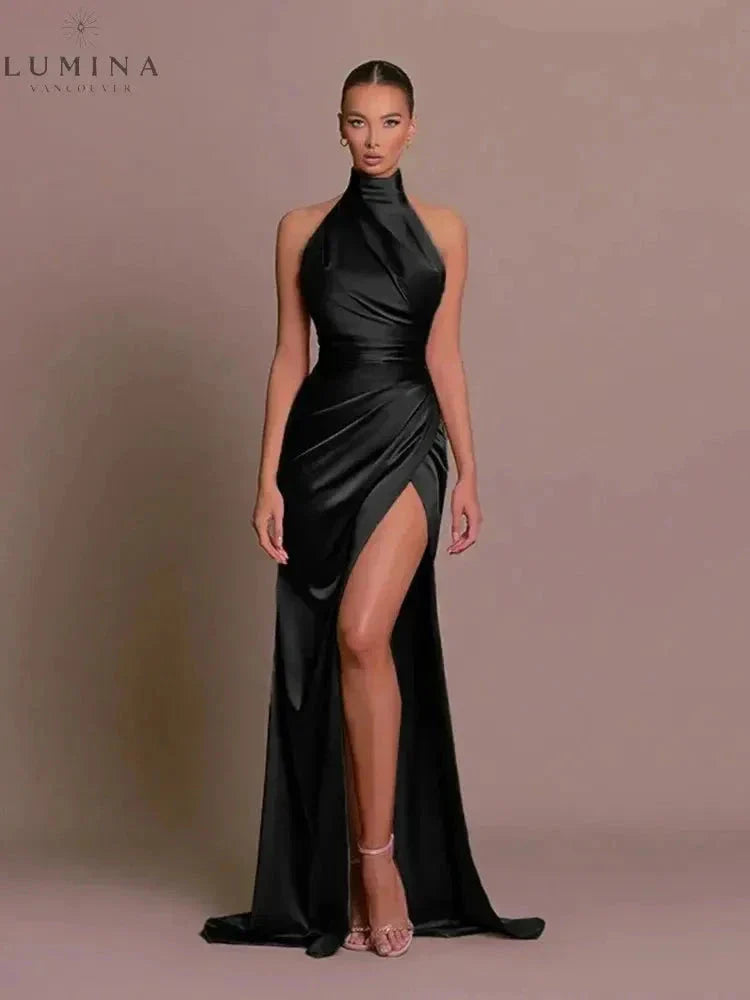 Cleo sleek black formal gown with elegant form-fitting silhouette and sophisticated leg slit