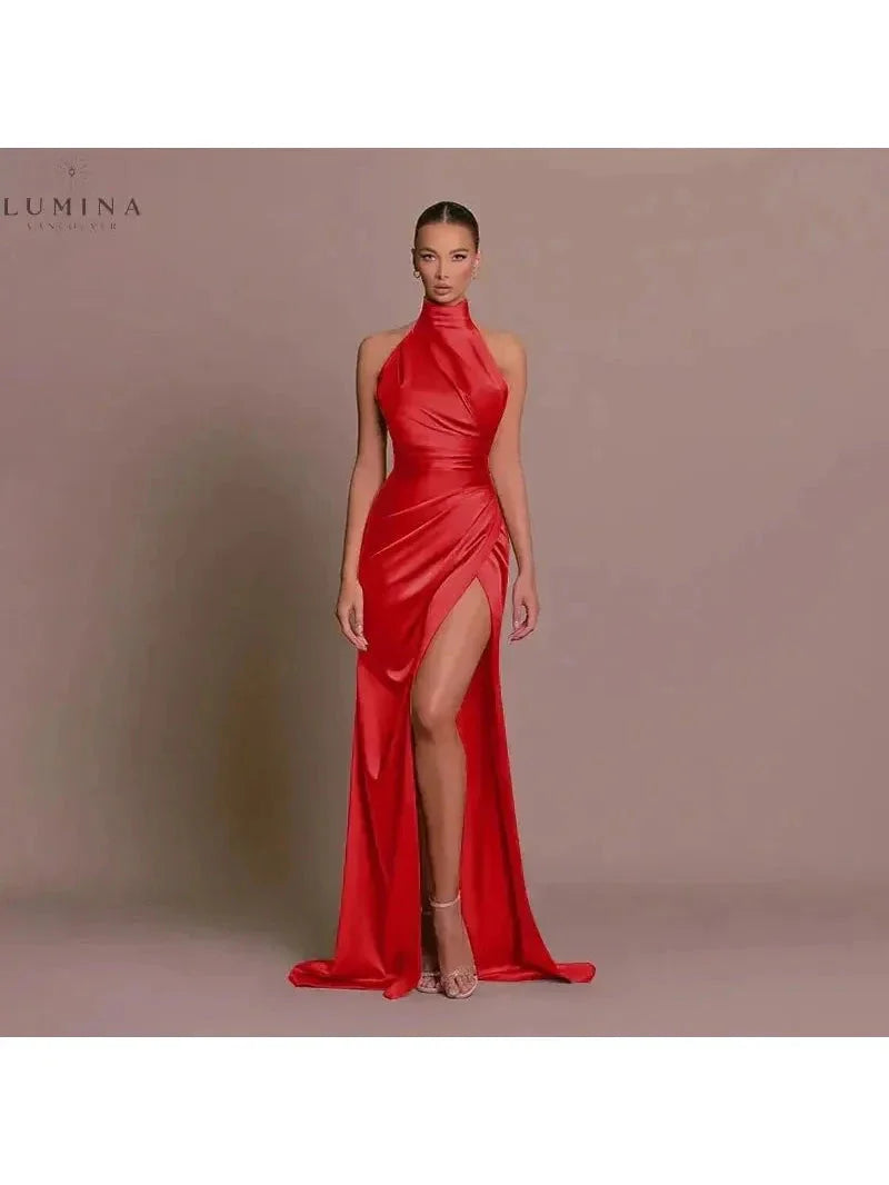 Cleo sleek black formal gown with elegant slit detail and form-flattering silhouette