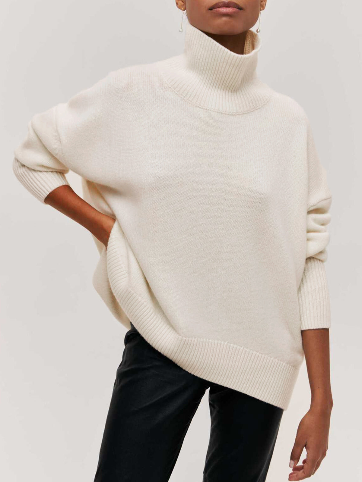 Sky blue oversized turtleneck sweater, cozy plain knit with soft drapey silhouette for women