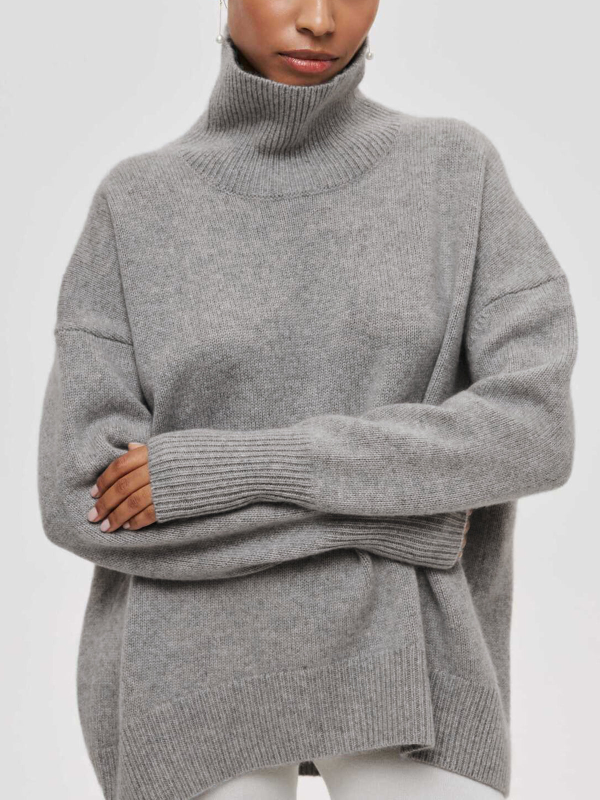 Sky blue oversized turtleneck sweater, cozy plain knit with soft drapey fit for casual everyday wear