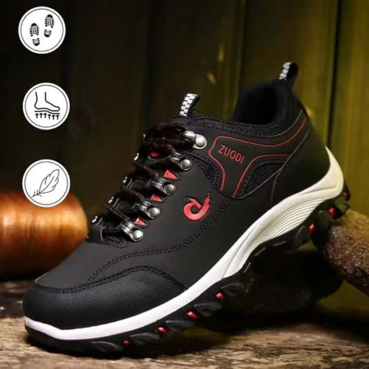 Gray orthopedic hiking shoes with cloud-soft cushioning, flexible sole, and pain-relief support