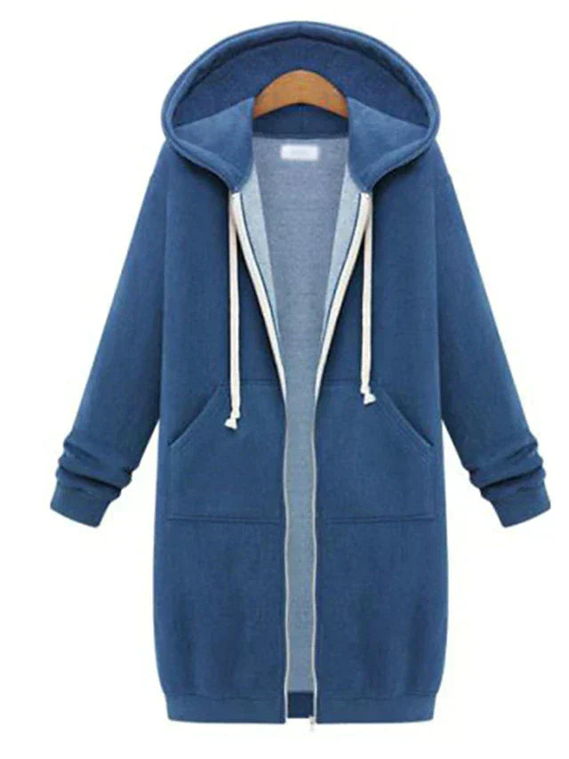 Women's knee-length zip-up hoodie in cozy chic style with elongated silhouette and front zipper closure