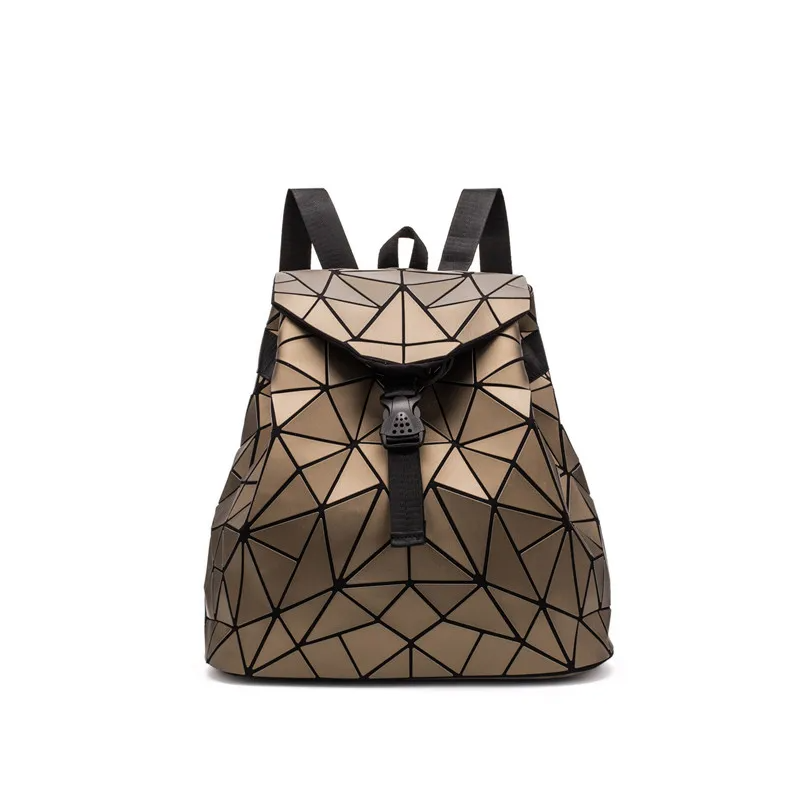 Holographic backpack with geometric design, color-shifting finish and spacious top flap closure