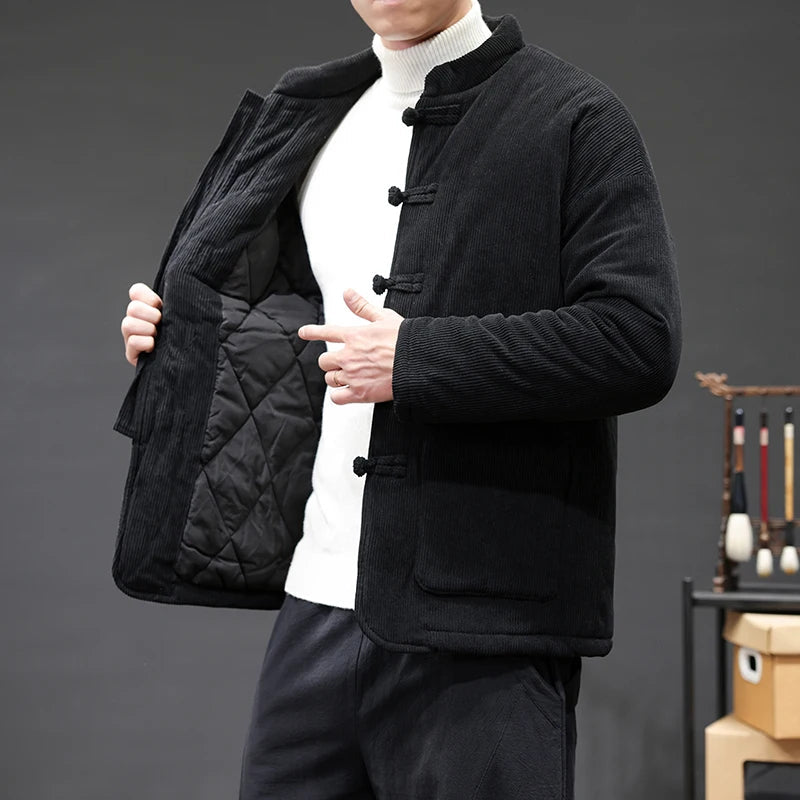 Men's corduroy Tang blazer insulated jacket with disc buckle closure in modern traditional style