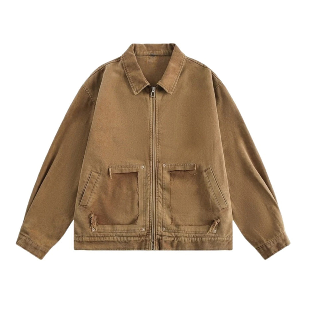 Men's washed cotton cargo jacket relaxed fit zip front with raw-finish dual patch pockets