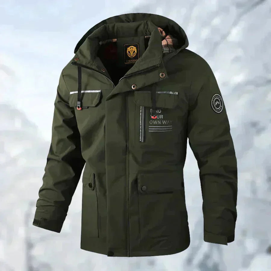Men's corduroy down jacket with hood, zip closure, textured casual style, multiple pockets