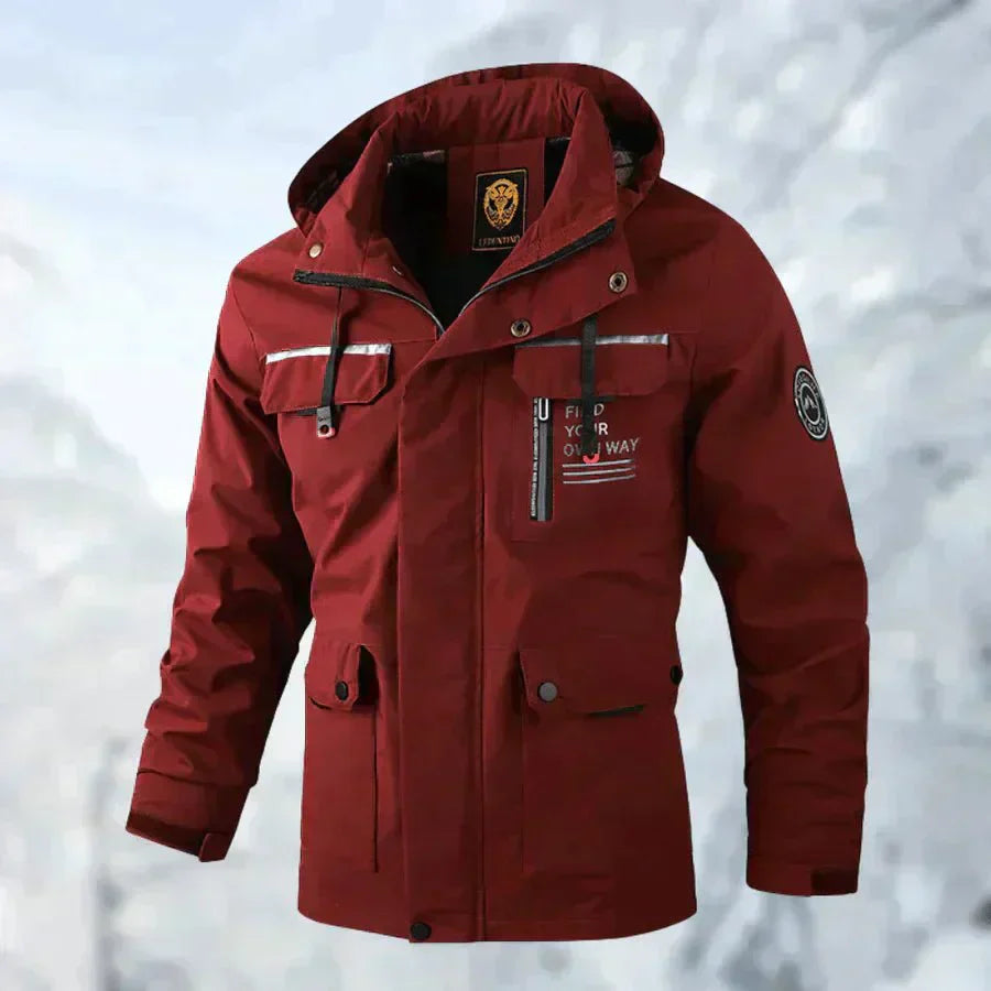 Men's corduroy down jacket with hood, zip closure, textured finish, multiple pockets, warm everyday outerwear