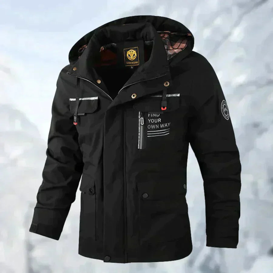 Men's corduroy down jacket with hood, zip closure, insulated warmth, textured casual style