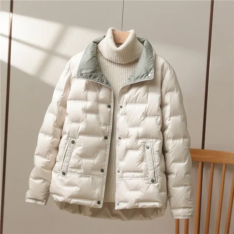Black quilted puffer jacket relaxed fit stand collar lightweight padded cold weather layer