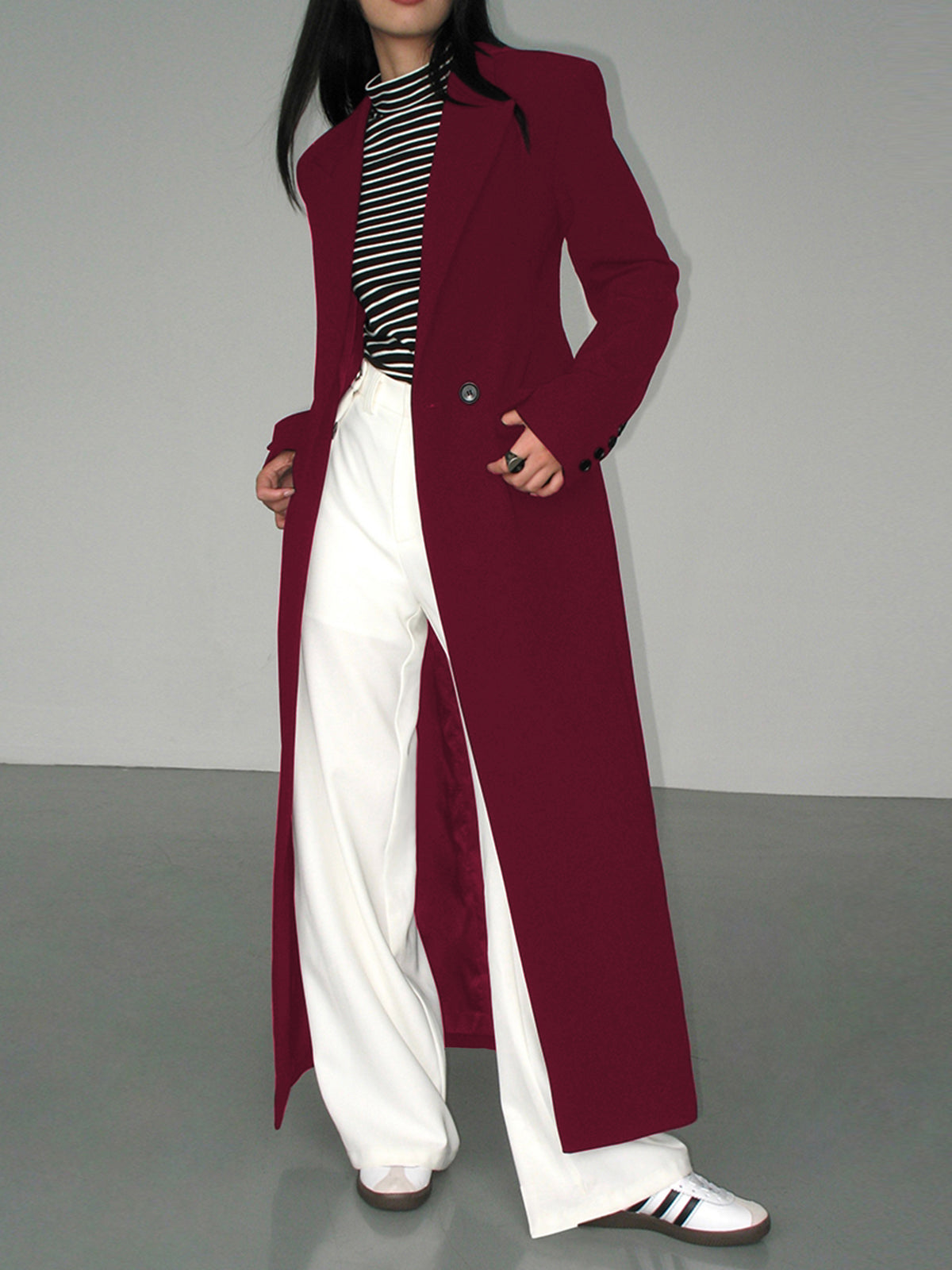 Women's longline blazer coat structured silhouette collar pocket professional versatile stretch fabric
