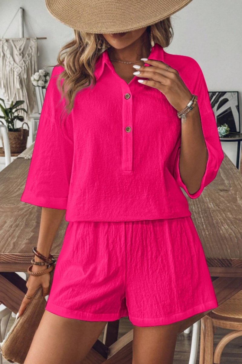 Women's collared half-sleeve top and shorts set casual chic two-piece breathable cotton day-to-night