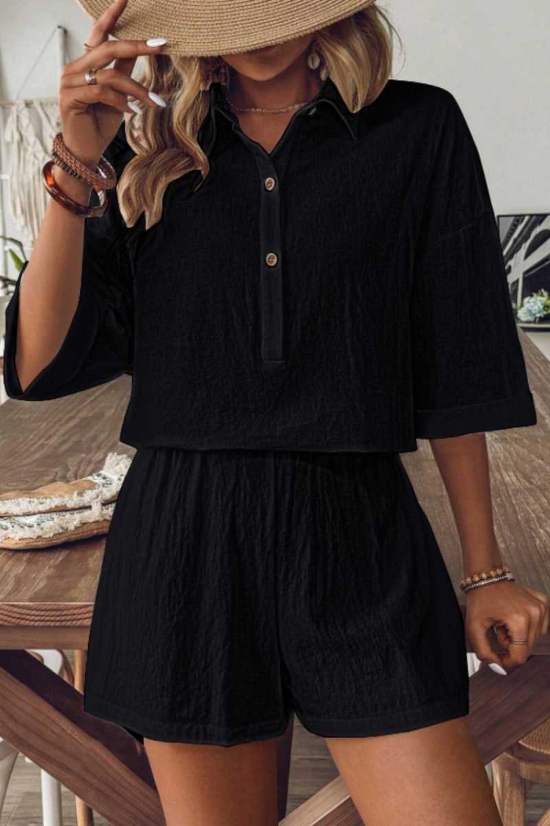 Women's white collared half-sleeve top and shorts set, casual-chic cotton two-piece day-to-night