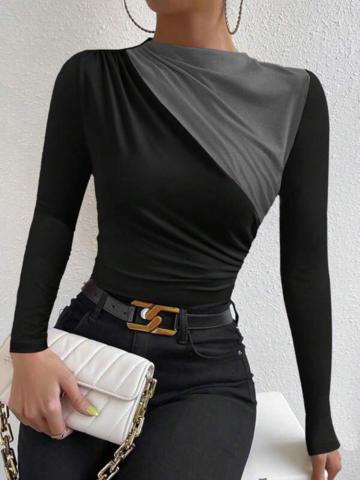 Color block mock neck long sleeve top with pleated draped design in elegant casual women's style