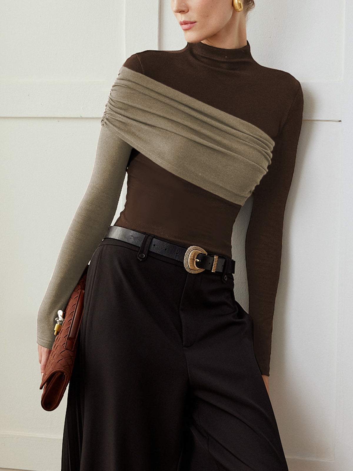 Women's color block pleated jersey slim top with stand collar, long sleeve casual elegant knit