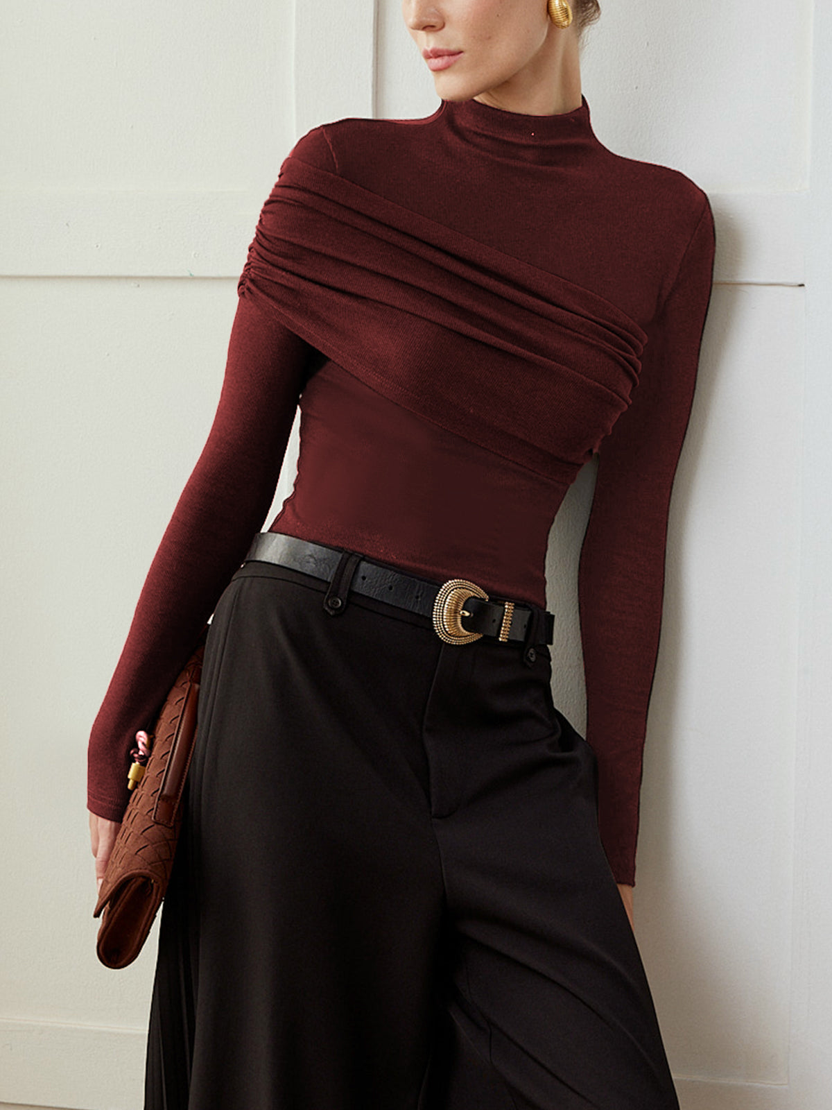 Women's color block pleated jersey slim top stand collar long sleeve knit casual elegant