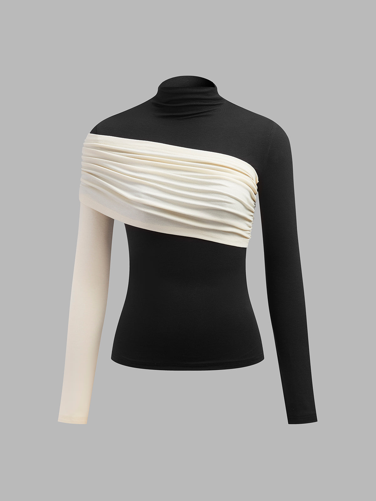 Women's color block pleated jersey slim top with stand collar, long sleeve casual elegant knit