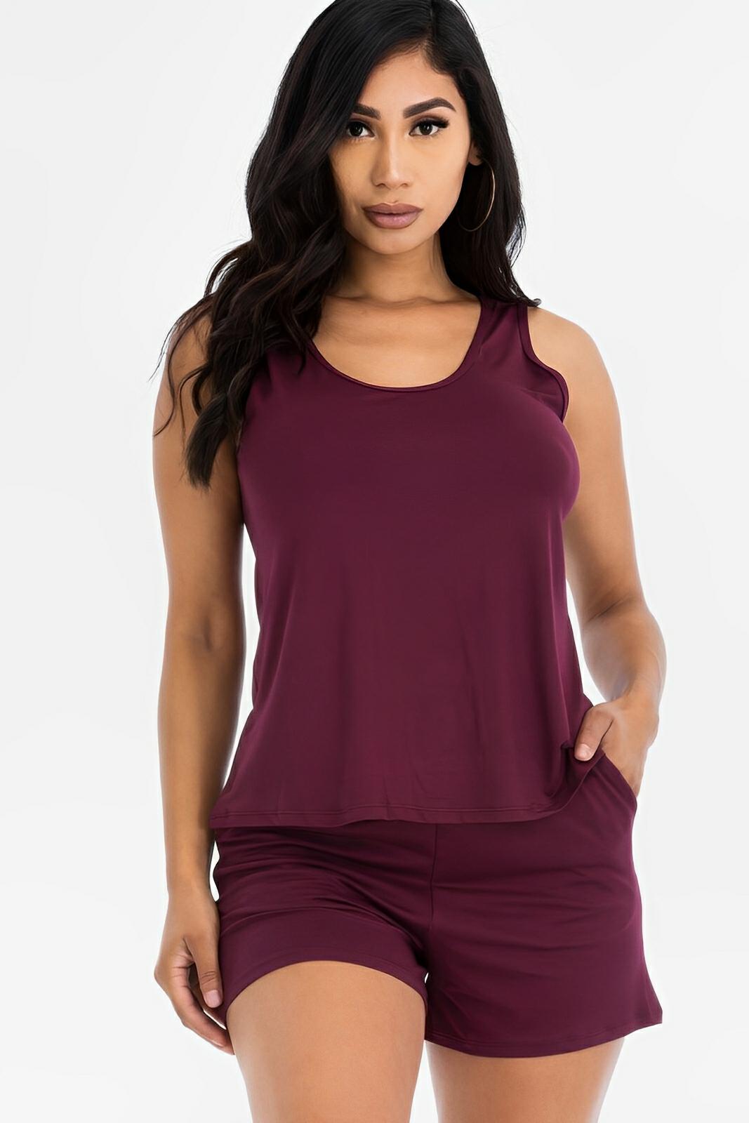Women's light pink tank top and shorts loungewear set, relaxed fit stretchy sleepwear with matching design
