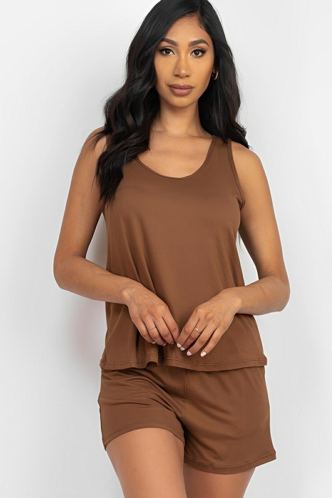 Women's light pink tank top and shorts lounge set, relaxed-fit lightweight sleepwear with stretchy fabric