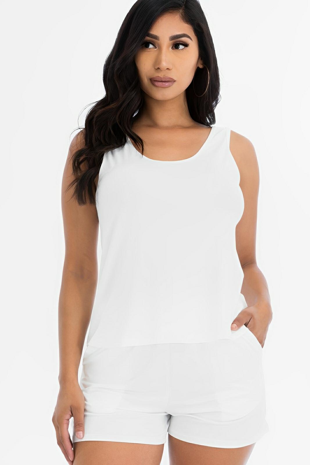 Women's light pink tank top and shorts lounge set, relaxed fit lightweight summer sleepwear outfit