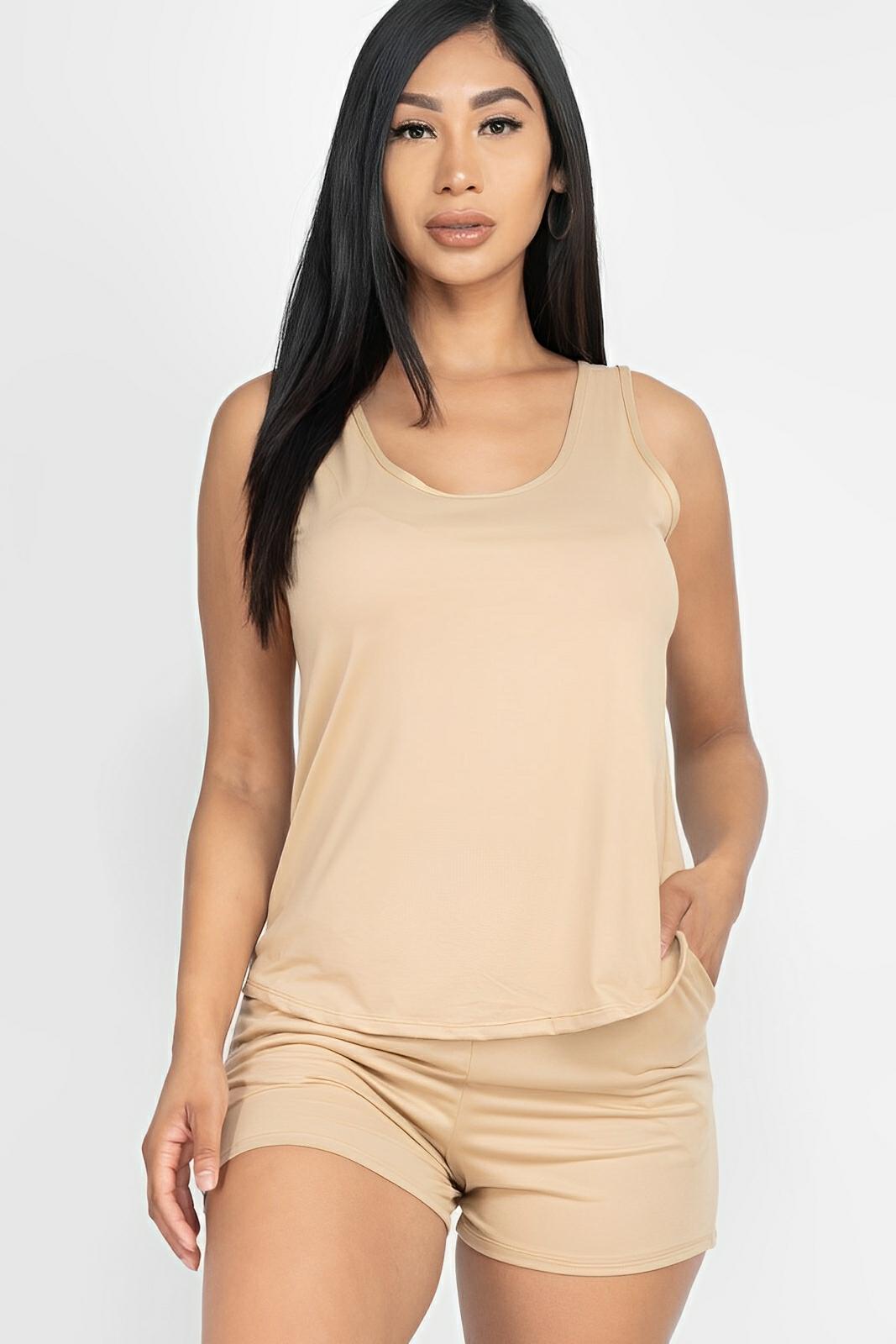 Women's light pink tank top and shorts loungewear set, relaxed fit stretchy summer sleepwear