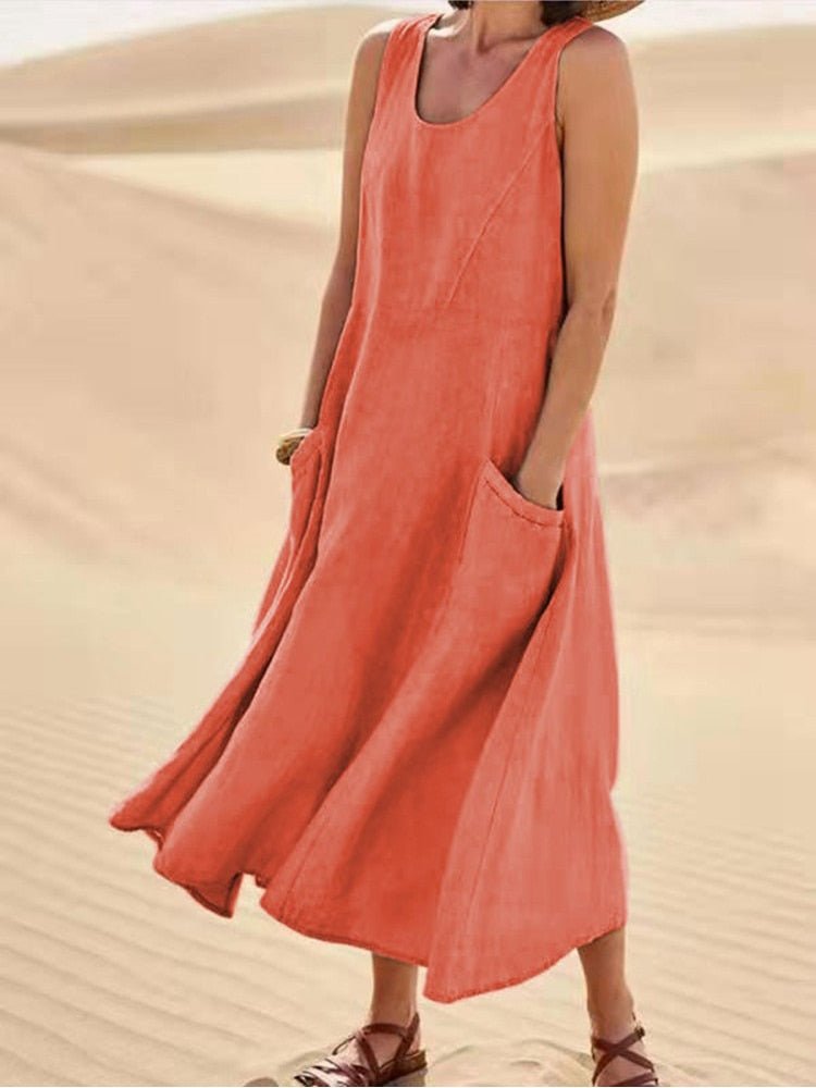 Sage | Women's Casual Sleeveless Maxi Dress Scoop Neck Pockets