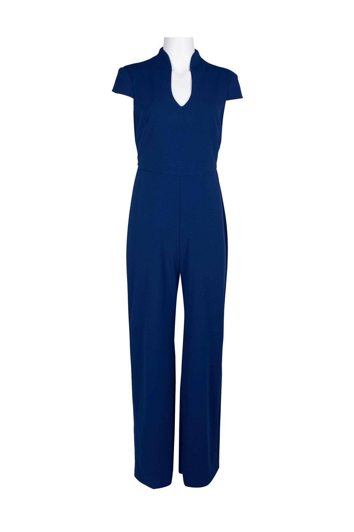 Women's black crepe formal jumpsuit short sleeves high neckline back zipper elegant long length