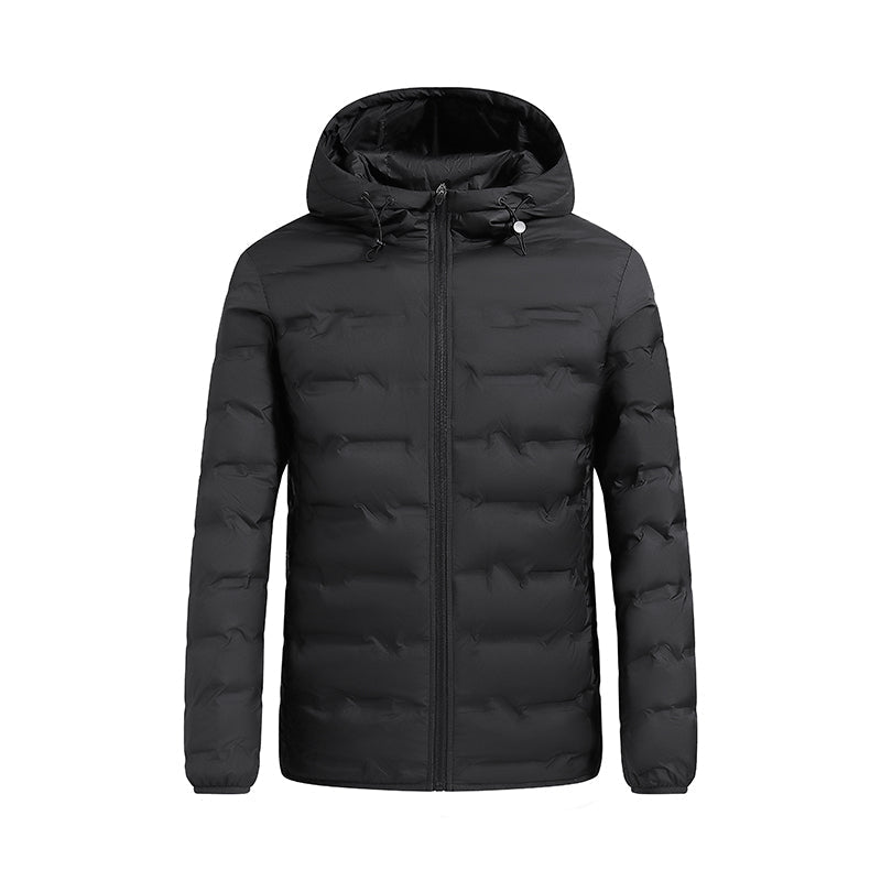 Men's black hooded puffer jacket slim-fit windproof insulated winter outerwear urban style