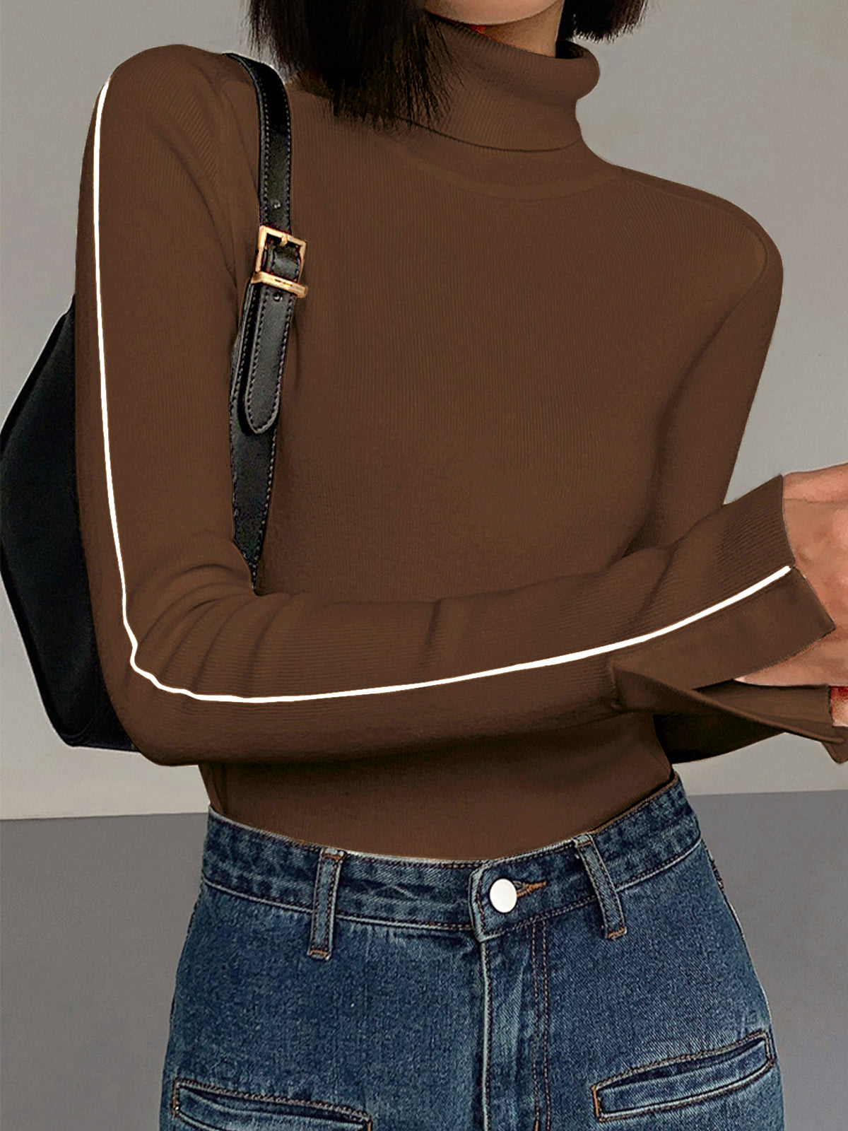 Women's contrast piping turtleneck sweater elegant knit high-stretch casual work style