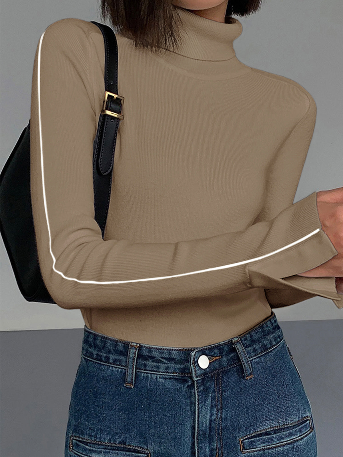 Women's contrast piping turtleneck knit sweater elegant stretch acrylic wool blend workwear casual