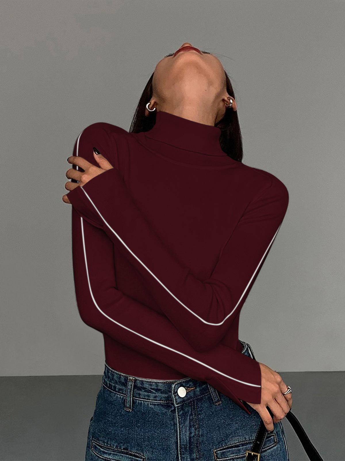 Women's contrast piping turtleneck sweater elegant knit high-stretch casual work style