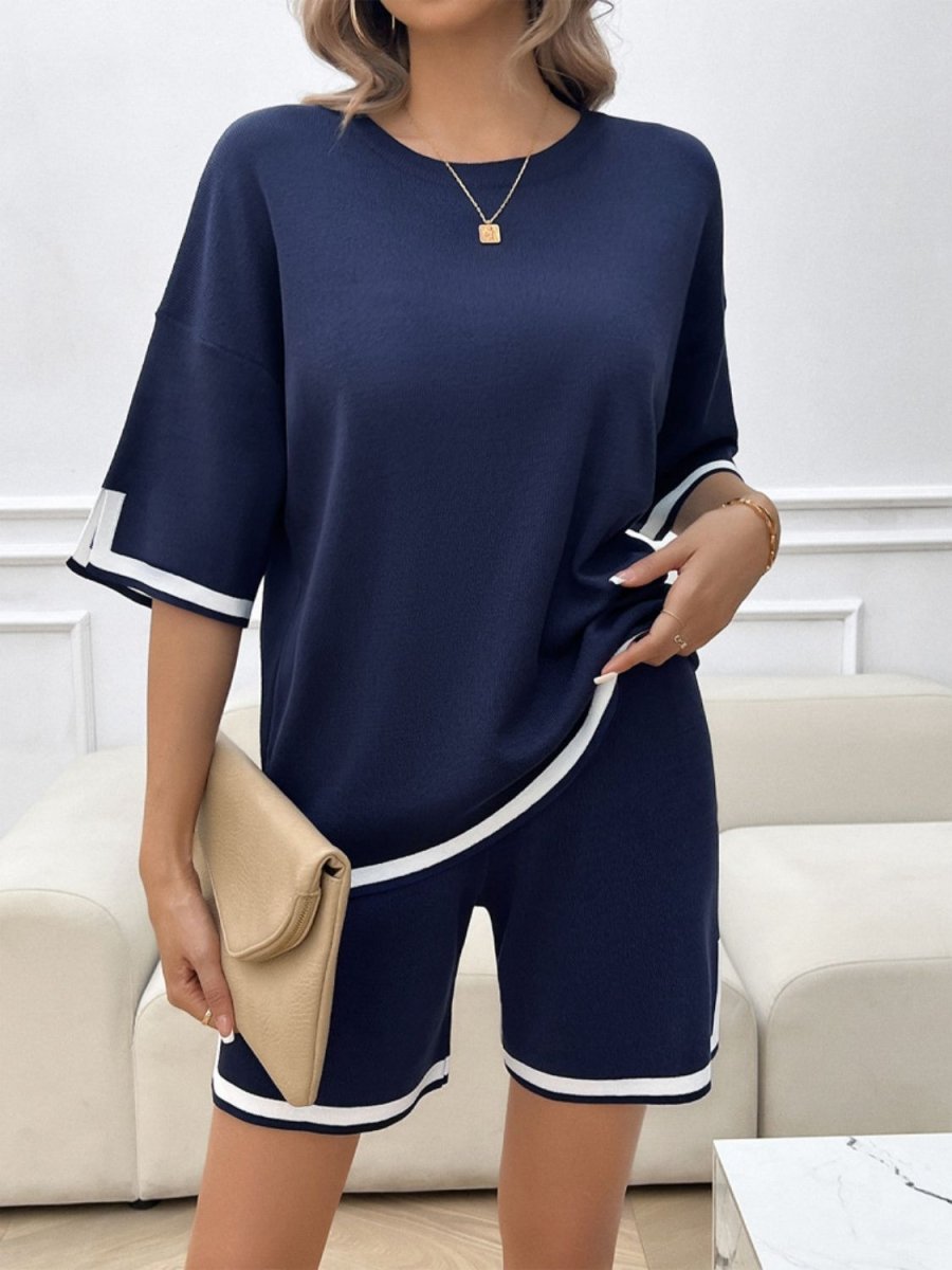 Women's black viscose lounge set with contrast trim round neck top and matching shorts