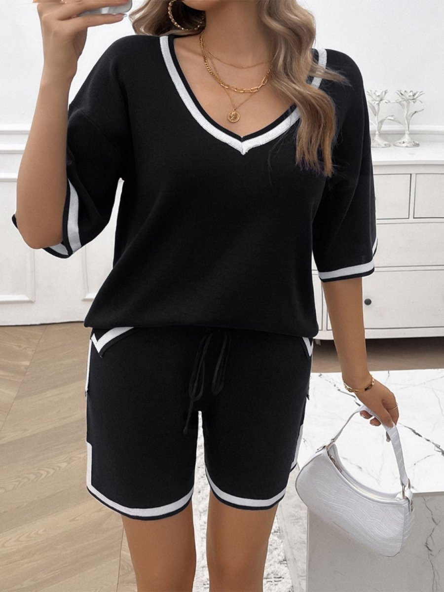 Women's beige contrast trim v-neck top and shorts set, relaxed two-piece viscose loungewear