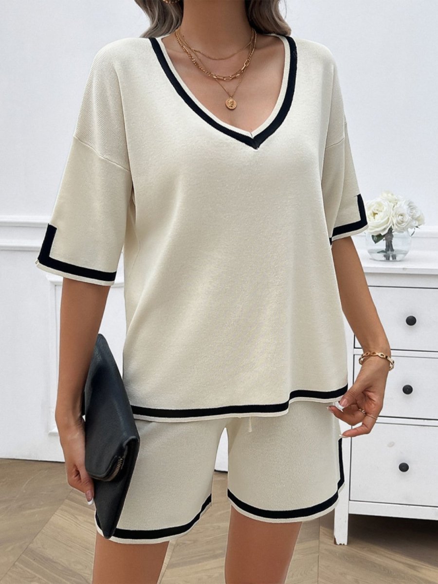 Women's ivory contrast trim v-neck lounge set with matching shorts, relaxed luxe casual two-piece