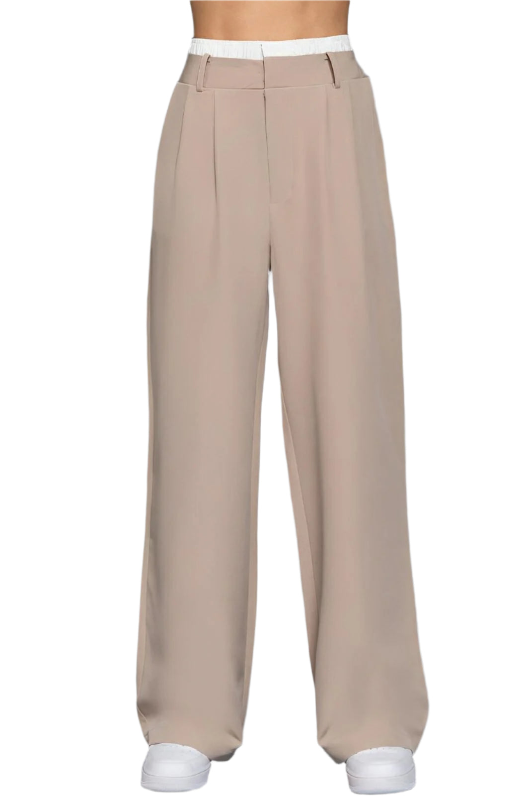 Women's straight leg pants with contrast elastic waistband, tailored boxer fit, stretch polyester blend