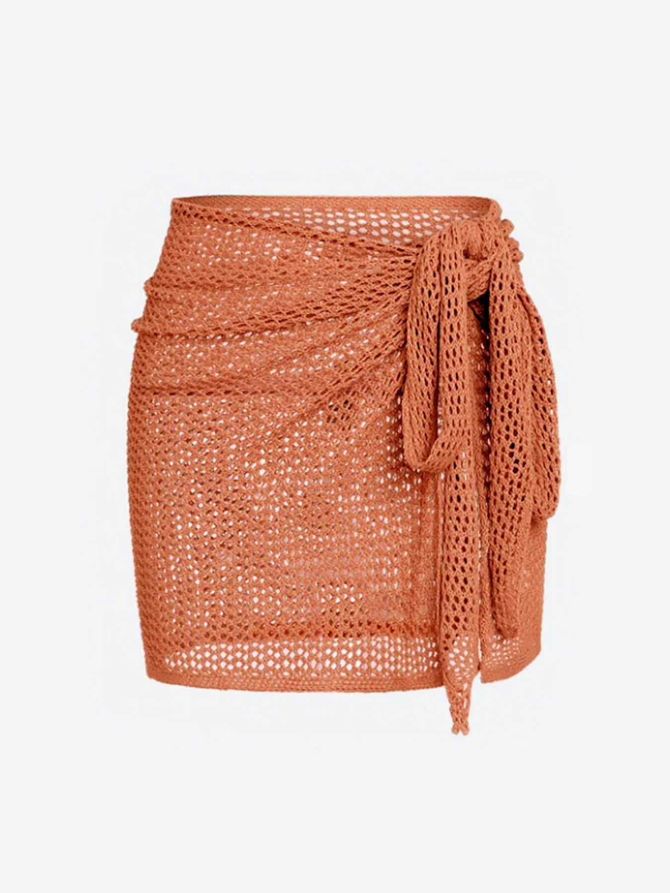 Women's sheer mesh beach cover-up skirt in neutral tone with open-knit fabric and adjustable tie waist