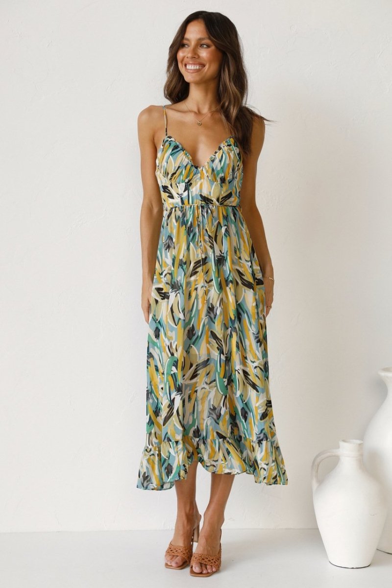 Women's chiffon midi dress spaghetti straps V-neck lightweight flowy summer silhouette
