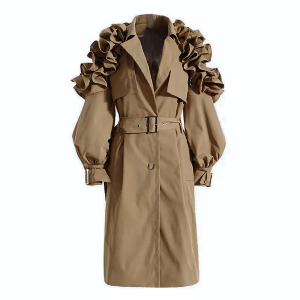 Women's belted coat elegant ruffle detailing classic silhouette chic outerwear feminine timeless