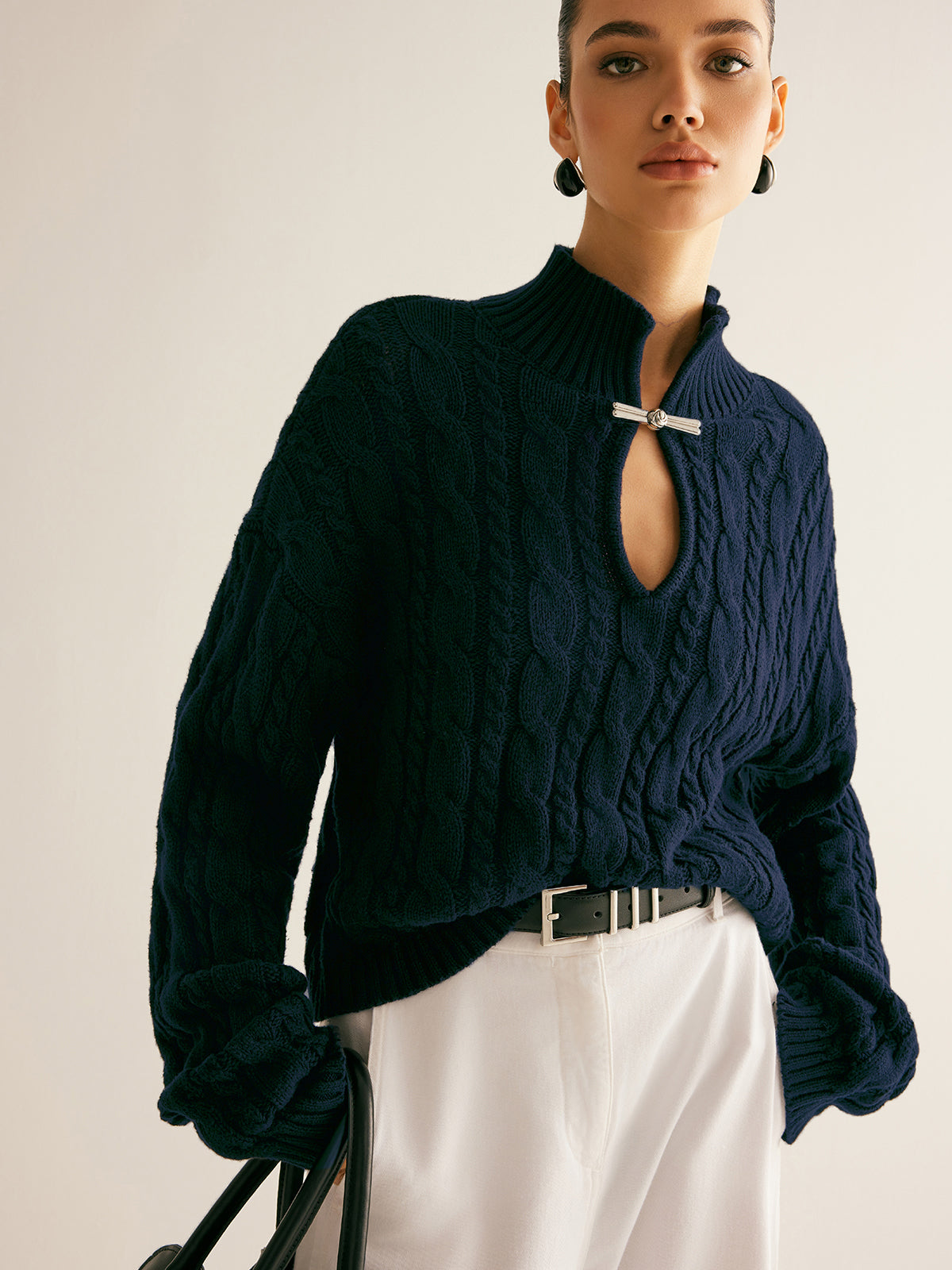 Women's cotton knit long sleeve top with stand collar and keyhole neckline in casual everyday style