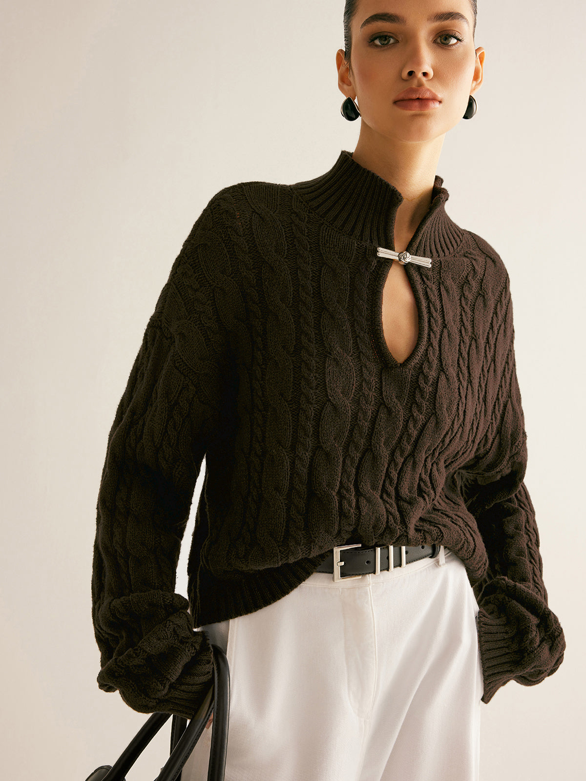Women's cotton knit top stand collar long sleeve casual everyday breathable keyhole neckline