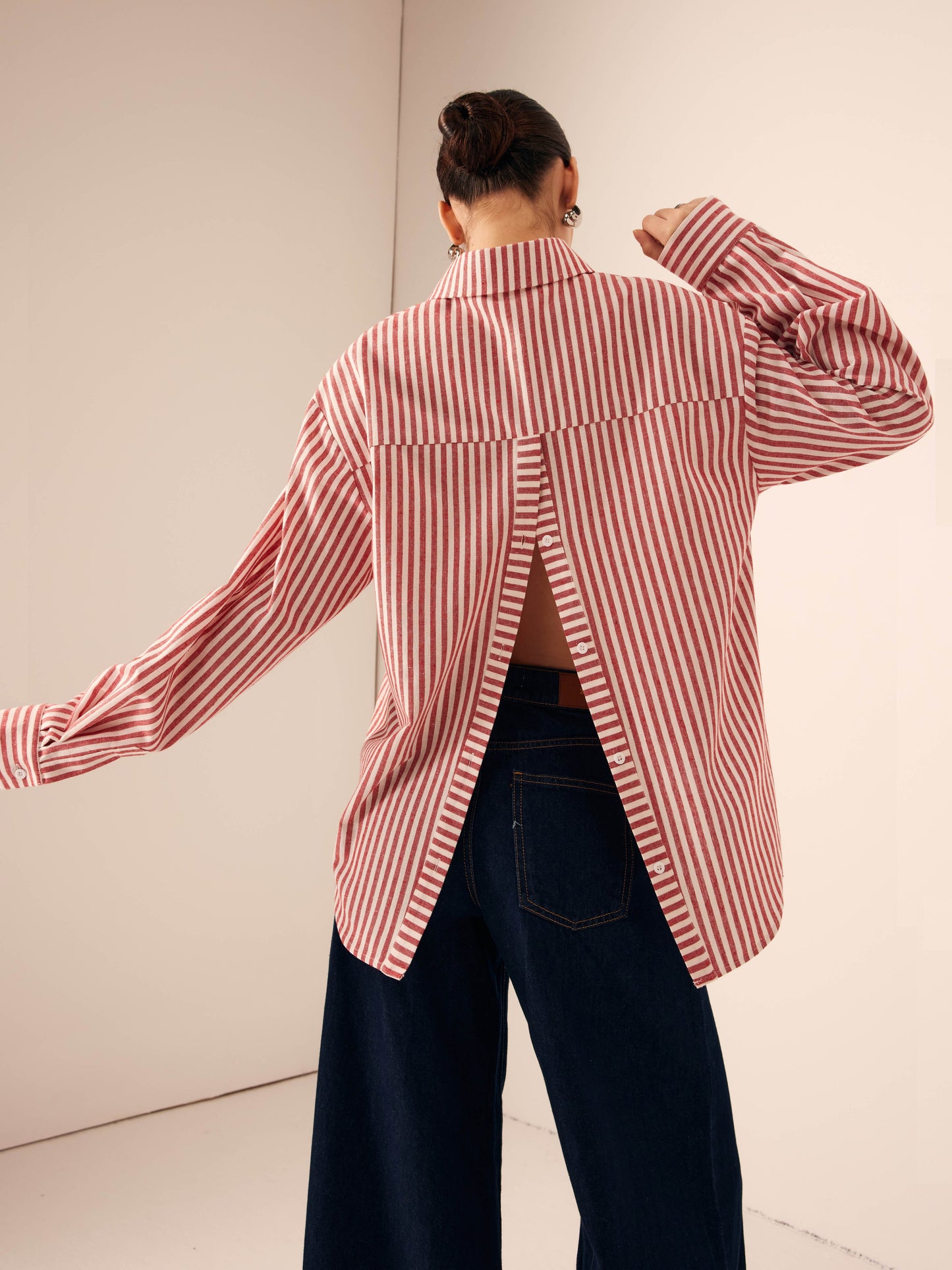 Unisex pinstripe loose cotton linen shirt, regular fit long sleeve with backless split detail